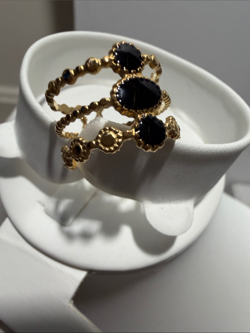Gold-Tone Black Stone Triple Stack Ring - Women Jewelry adjustable